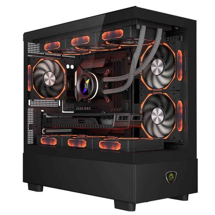 Carcasa microATX Keep Out XC-301 GLASS, sticla temperata, RGB, neagra, 435x435x215mm, 3 ventilatoare de 12cm