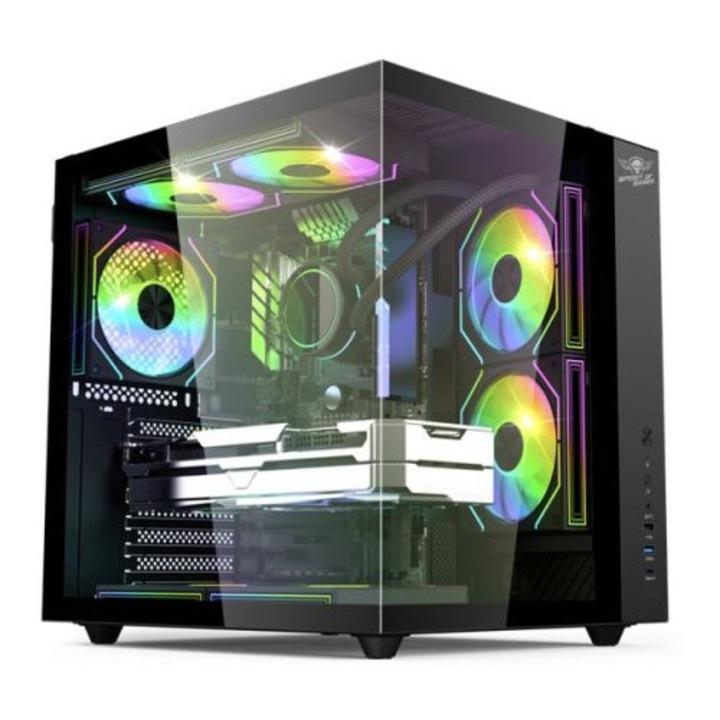 Carcasa Spirit Of Gamer Bandit GT, sticla securizata, RGB, neagra, 416x407x354mm, 3 ventilatoare de 12cm