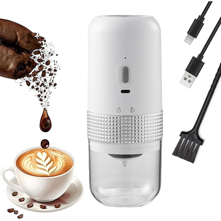 Rasnita electrica, asskanaer, Rasnita de cafea, Cu perie curata, Cu cablu, Burghiu ceramic, Capacitate macinare 25 g boabe, 8 nivele granulatie reglabila, Bol detasabil, 13 W, Incarcare Type-C, Lavabil, ABS, PC, 7.5*7.5*18.8 cm, Alb