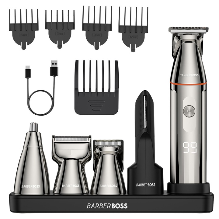 Trimmer BarberBoss 5 in 1 pentru barbati, set de ingrijire pentru barbati, masina de tuns fara fir, aparat de barbierit pentru nas si corp cu afisaj LED si incarcare USB-C, toaleta corporala