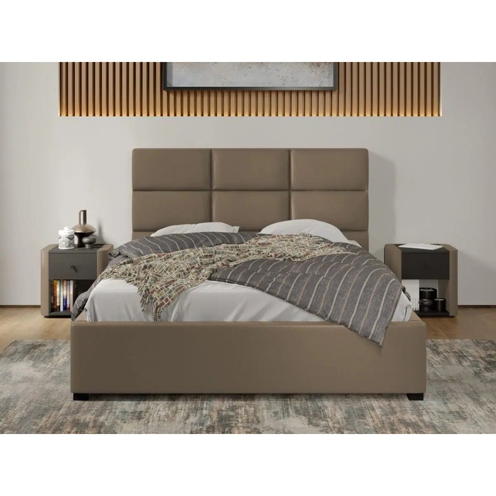 Pat tapitat Cico, C1, Fix, Capat Mare 150x114, din piele/stofa, 140x200, Bej/Nube 11