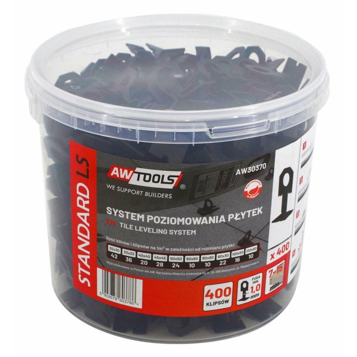 Sistem de pozitionare placi, Awtools, 400 bucati, 1,0mm - 7mm-15mm, negru