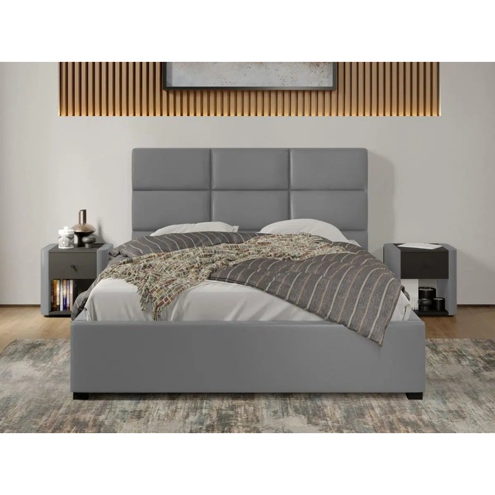 Pat tapitat Cico, C1, Fix, Capat Mare 150x114, din piele/stofa, 140x200, Gri/Nube 81