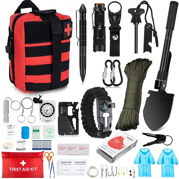 Kit de supravietuire multifunctional Seabeloom, cu trusa de prim ajutor, lopata, topor, rosu