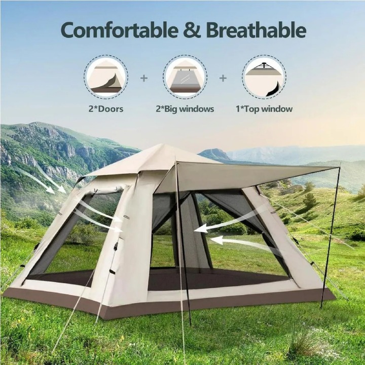 Cort camping Seabeloom, 4 persoane, usor de montat, cu veranda, albastru, 210x210x140cm