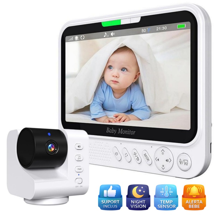 Baby Monitor WiFi 7” HD Auto Night Vision, Rotire 355°, Zoom Digital 4X, Baterie 5000mAh, Mod VOX, Audio Bidirectional, Raza Actiune 300m, Senzor Temperatura, 8 Cantece, Notificari, Control Volum, Detectie Inteligenta, Alb