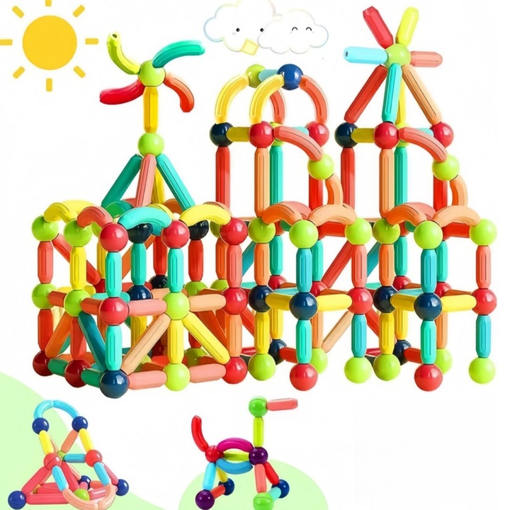 Set de constructie educativ Seabeloom, blocuri magnetice, magnetic 140 piese multicolor 3D, educational, numeroase posibilitati de construit, STEM, educativ si creativ, magneti puternici, pentru copii 3-12 ani, multicolor