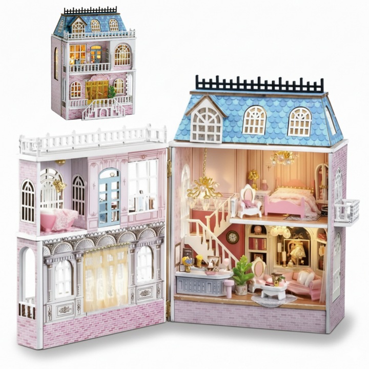 Casa de papusi Seabeloom DIY 1:24 cu LED mobilier lemn, 30x20x25cm, potrivit pentru copii/adulti, Ideal Pentru Cadou, multicolor