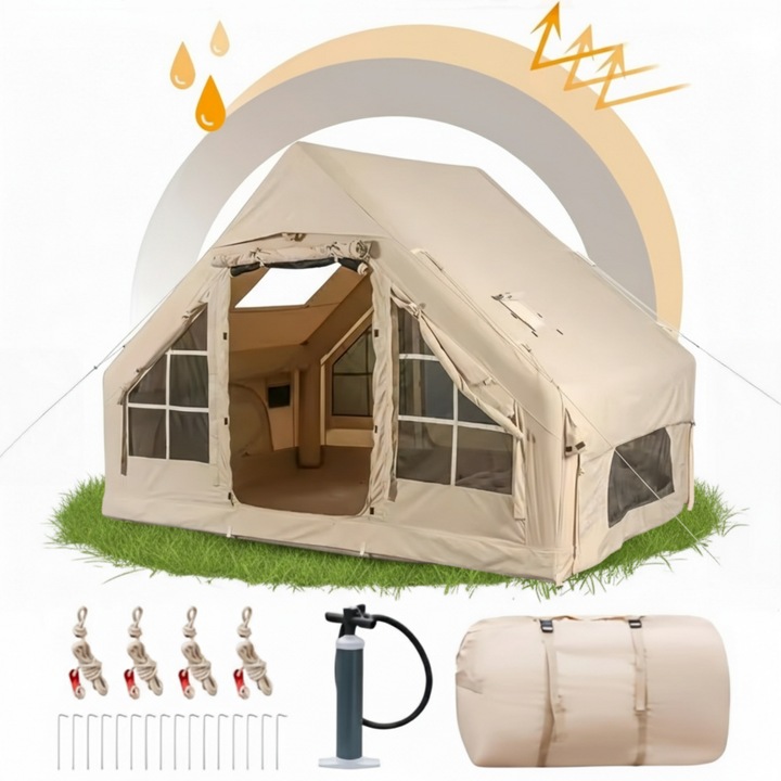 Cort camping Seabeloom tip casa, impermeabil, material durabil, 200x300x215 cm, pentru 5-7 persoane, cu pompa inclusa, usor de montat
