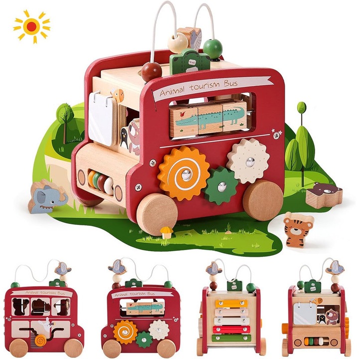 Cub Activitati 8 in 1 Seabeloom, Jucarie din Lemn, Multicolor, 6.69x8.26x4.72 inch