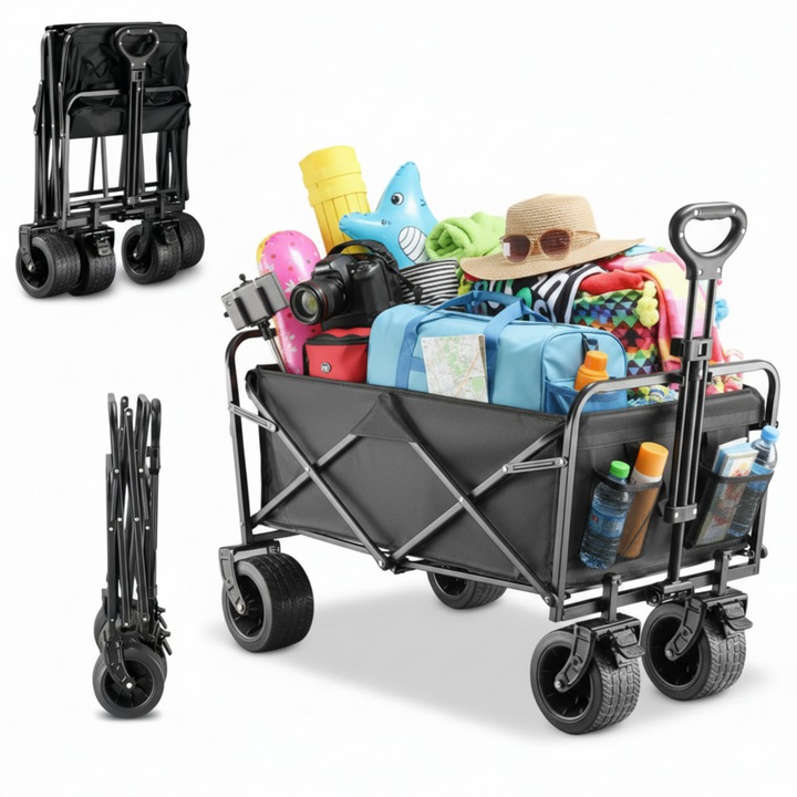 Carucior pliabil multifunctional Seabeloom, 360 lbs, roti pivotante, negru, 60x18x75 cm, roti mari, pentru plaja si camping