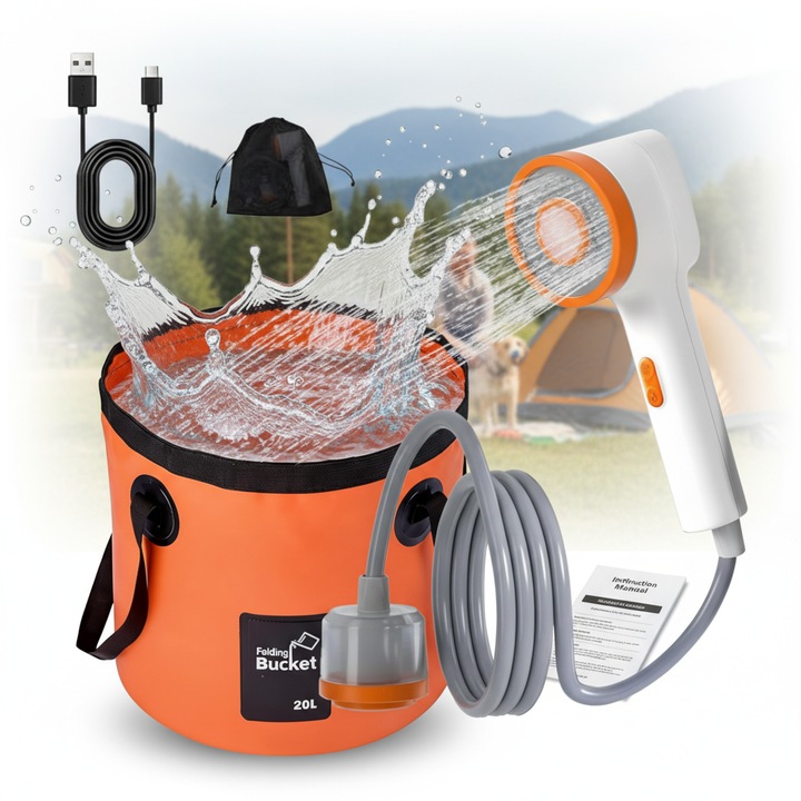 Dus portabil camping Seabeloom, pompa electrica, 2500mAh, ecran LED, moduri de debit ridicat si redus, galeata pliabila de 20L, functionare silentioasa, cap de dus multifunctional, IPX7, furtun, pompa, cablu USB