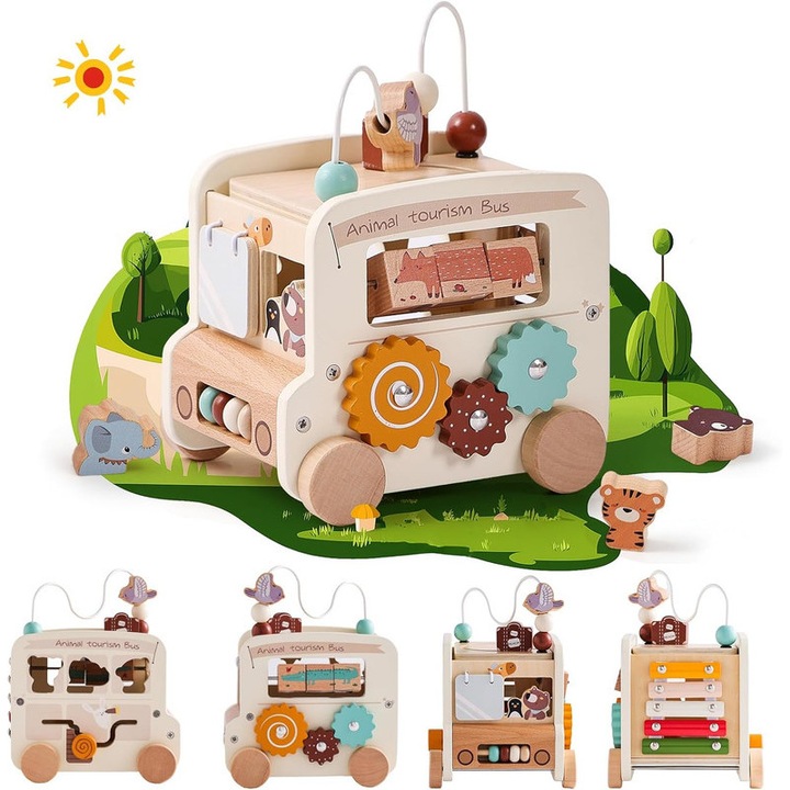 Cub Activitati 8-in-1 Seabeloom, Jucarie din Lemn, Sortare Forme, Xilofon, Multicolor, 6.69x8.26x4.72 inches