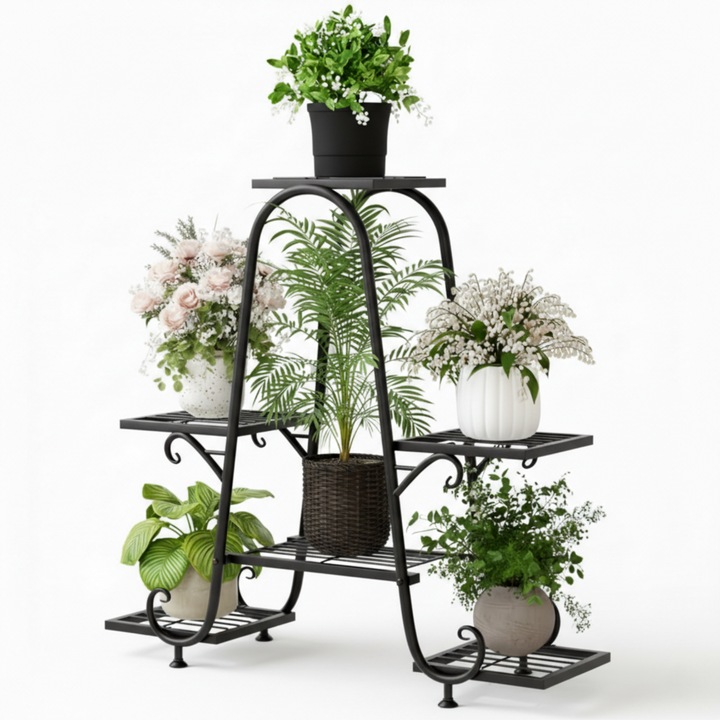 Stand de Flori Seabeloom, metalic, raft de colt pentru plante, pentru 6 ghivece, rezistent la apa si coroziune, cadru metalic robust, 78x 25x 74 CM, design european, durabil