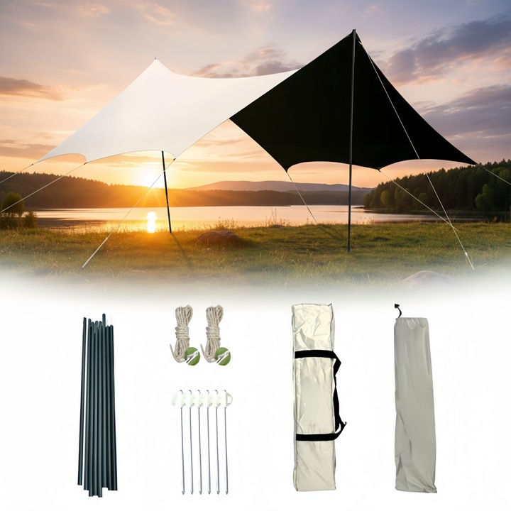 Cort camping Seabeloom, 12x10 ft, impermeabil, usor, cu 2 stalpi, set complet pentru picnic, activitati in aer liber