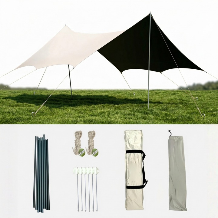 Cort camping Seabeloom, 12x10 ft, impermeabil, usor, cu 2 stalpi, set complet pentru picnic, activitati in aer liber