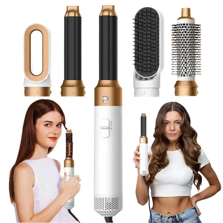 Set perie de par electrica 5 in 1 Seabeloom, uscare, ondulare, indreptare, uscator de par profesional ionic, uscare 360° si stilizare, potrivit pentru orice lungime si tip de par, Set cu Manusa de protectie, culoare platinum