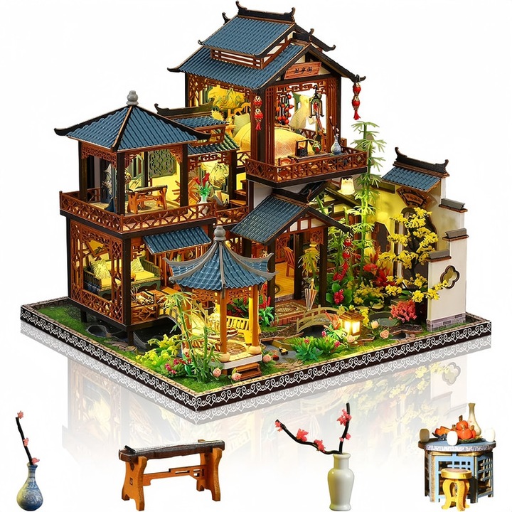 Casa de papusi Seabeloom, kit DIY, set casa miniaturala elegant orchid pavilion, lemn, mobilier, lumina LED, tesatura, hartie, sfoara, spuma, miniatura casa cu LED-uri, dezvolta Imaginatia si abilitatile manuale