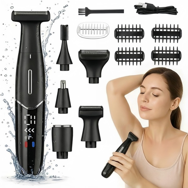 Epilator electric multifunctional 6 in 1 Seabeloom, kit ingrijire femei, aparat de ras facial si corporal, epilare zona Intima, fara ciupire, afisaj LED, fara fir, rezistent la apa IPX7, usor de curatat, design ergonomic, pentru toate tipurile de piele