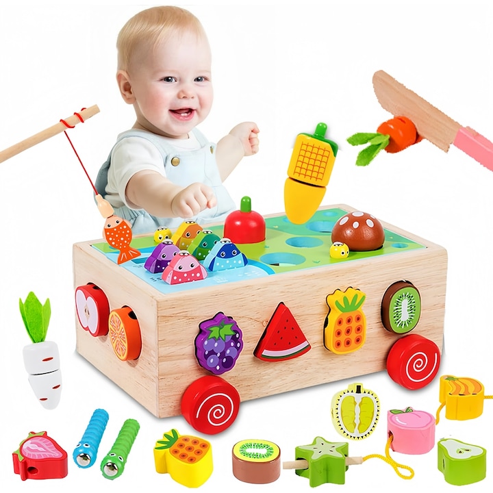 Set jocuri educative din lemn Seabeloom, cu Sortare Forme, Pescuit, Scoatere Morcovi, Animale & Fructe, pentru dezvoltarea abilitatilor motorii fine, Dezvoltare Motrica si Inteligenta 18 luni - 4 Ani