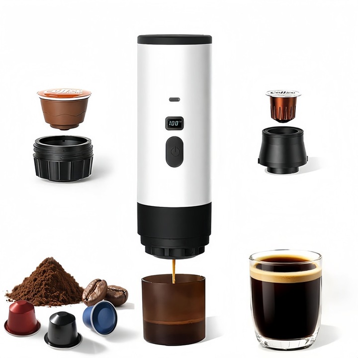 Espressor portabil 3 in 1 Seabeloom, cu display digital, acumulator 7800mAh, incarcare USB Type-C, ideal pentru calatorii, camping, birou