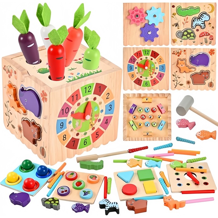 Jucarie educativa cub din lemn Seabeloom, activitati diverse, Montessori, sortare/ stivuire/ pescuit magnetic/ recoltare, lemn calitate Premium, vopsea ecologica, dezvolta abilitatile motorii fine, concentrarea, atentia, copii +3 ani, multicolor