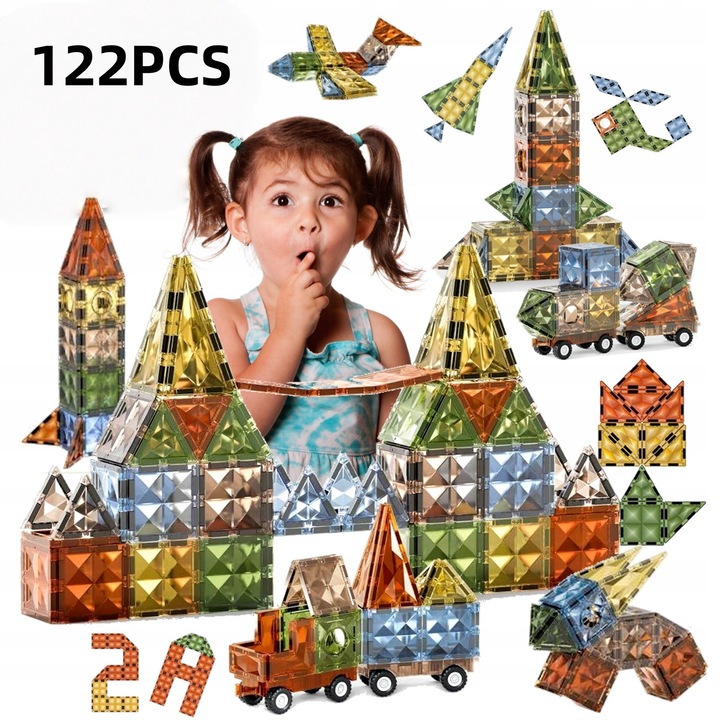 Set 122 piese magnetice de construit educational si creativ pentru copii, Magnet Blocks, set magnetic tiles 3D, 7, 5cm, cu 2 masinute, jucarie creativa si educationala STEM, numeroase posibilitati de construire, jucarie educativa pentru copii 3+ Ani