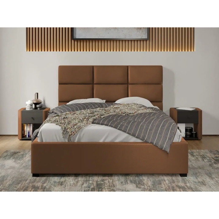 Pat tapitat Cico, C1, Fix, Capat Mare 150x114, din piele/stofa, 140x200, Maro/Nube 23