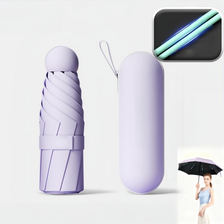 Umbrela pliabila mini, Seabeloom, protectie UV 50+, impermeabila, design compact, mov