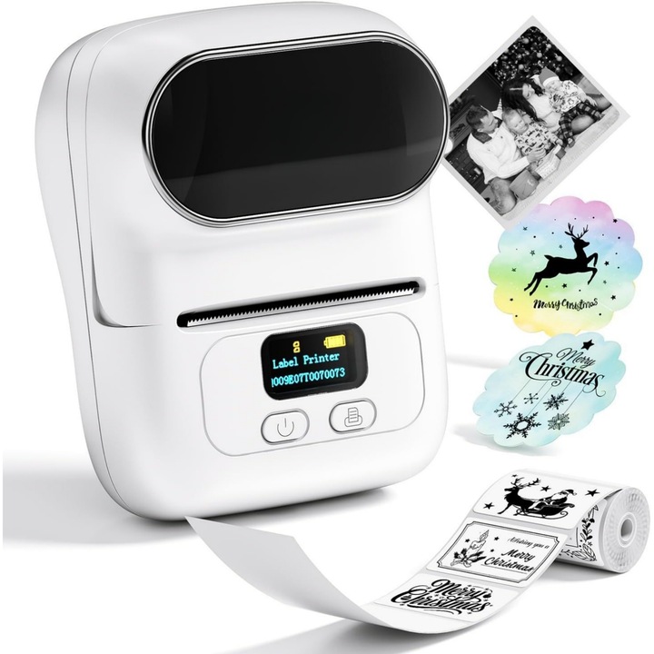 Imprimanta termica Seabeloom M110, Compatibila iOS/Android/Windows, Aplicatie Telefon, conectivitate Bluetooth, fara cerneala, 100 etichete 40x30mm, portabila, Alb