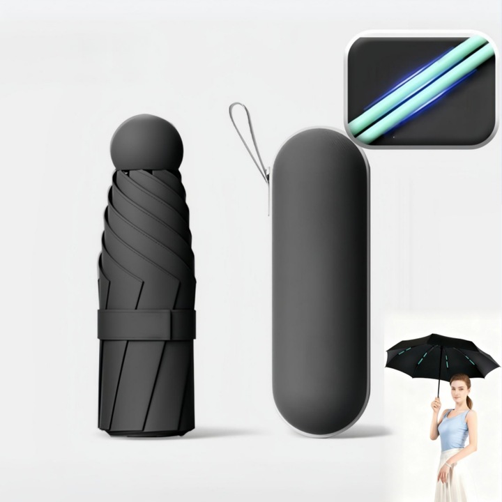 Umbrela pliabila Seabeloom, cu filtru uv, Mini umbrela de calatorie pentru poseta cu carcasa Protectie solara UV compacta mica Umbrela de buzunar usoara pentru femei, copii si barbati, negru