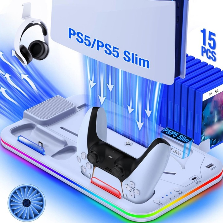 Suport si Cooler pentru PS5, Seabeloom, Ventilator Turbo, Incarcare DualSense, Alb