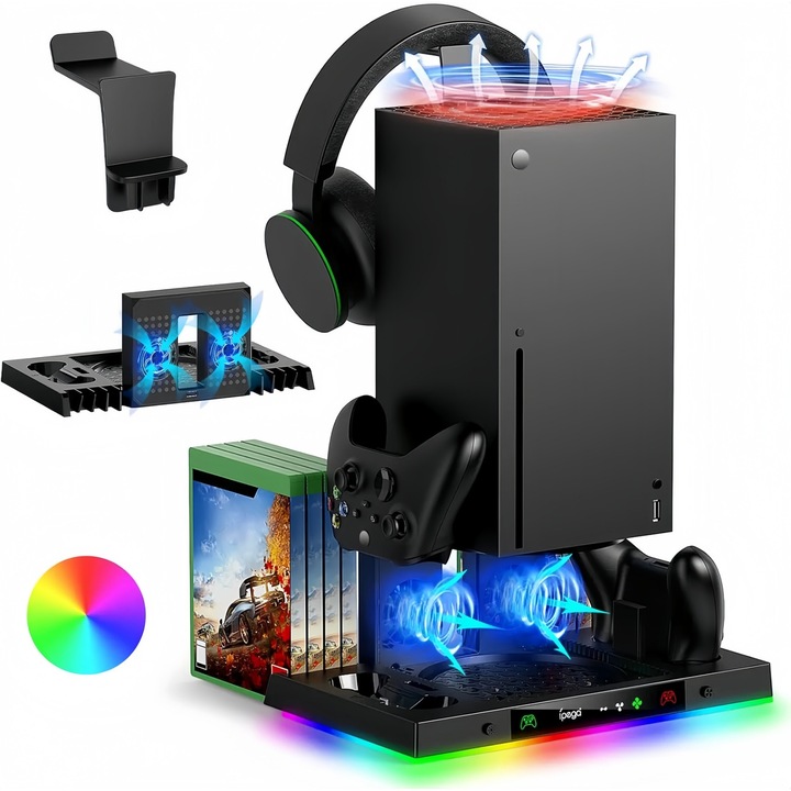 Suport de racire RGB pentru Xbox Series X, Seabeloom, suport de incarcare dual pentru controlere, 11 moduri de iluminare, 6 sloturi pentru jocuri, 2 sloturi de expansiune, cu carlig pentru casti
