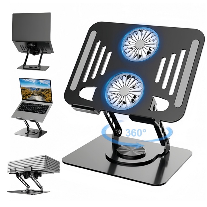 Suport racire laptop Seabeloom, cu ventilator, baza rotativa 360°, inaltime ajustabila, 10-17 inch, design portabil