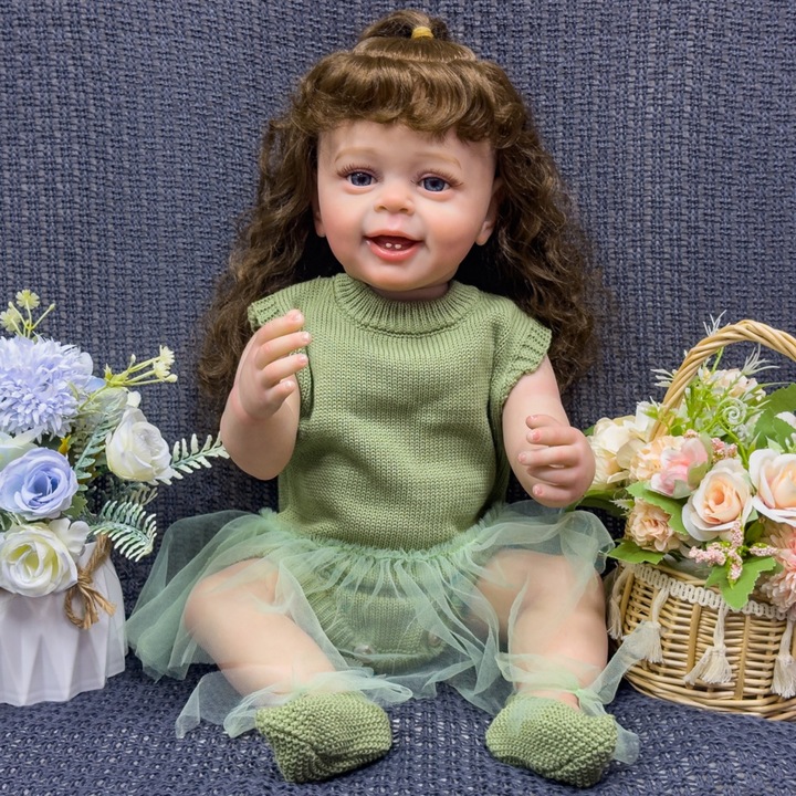 Papusa realista 28 inch, Seabeloom, aspect realist, material vinil, ochi acrilici, par implantat, multicolor