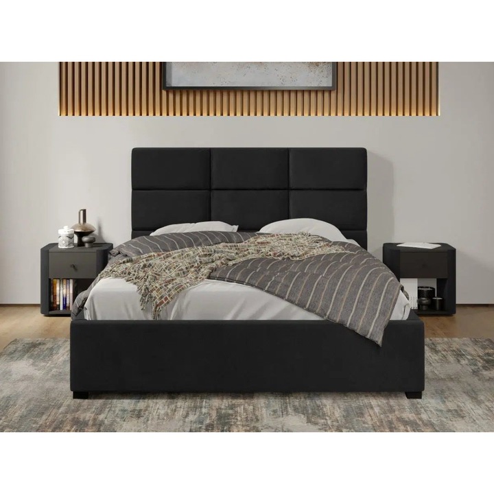 Pat tapitat Cico, C1, Fix, Capat Mare 150x114, din piele/stofa, 140x200, Negru/Falcone 14