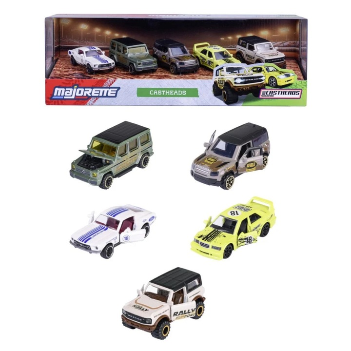 Set 5 mașinuțe metalice Majorette Cast Heads, roți libere, 7, 5cm