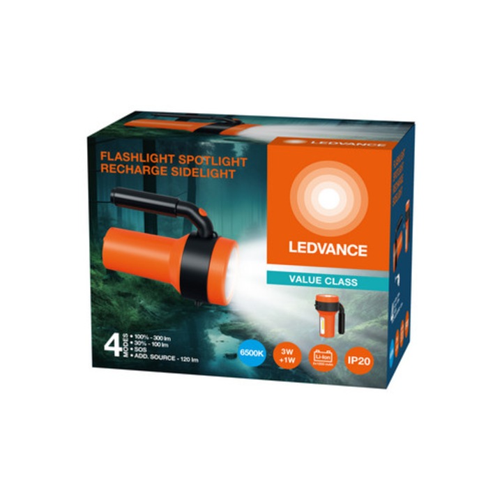 LED + COB фенер, 300 lm, черен и оранжев, 119x172x212мм, комплект с презрамка