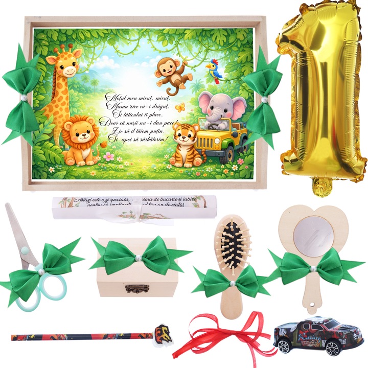 Set pentru mot, model Animalute Jungla, verde, 10 piese, 35x20 cm, Recostore®, REC1967/373
