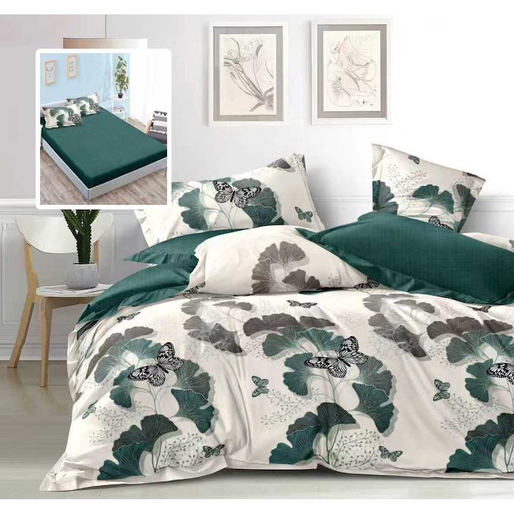 Lenjerie pat dublu Finet Gros 6 piese, NufJoy®, Cearceaf cu elastic universal pentru saltea 160x200 cm/180x200 cm, cearsaf pilota 200x230 cm, 2 fete perna 70x70 cm, 2 fete perna 50x70 cm, Smarald Petals