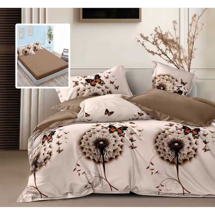 Lenjerie pat dublu Finet Gros 6 piese, NufJoy®, Cearceaf cu elastic universal pentru saltea 160x200 cm/180x200 cm, cearsaf pilota 200x230 cm, 2 fete perna 70x70 cm, 2 fete perna 50x70 cm, Cappucino Spring