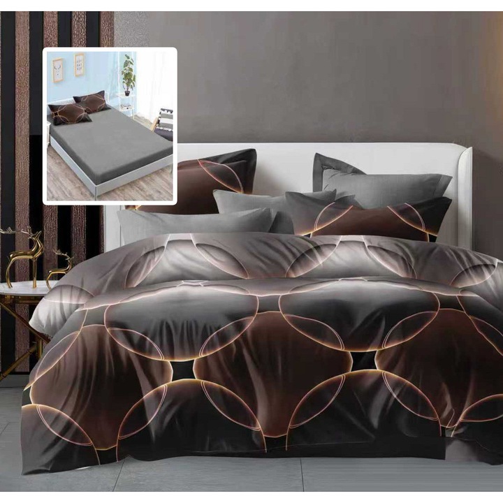 Спално бельо за двойно легло Finet Gros 6 части, NufJoy®, Долен чаршаф с универсален ластик за матрак 160x200 см/180x200 см, чаршаф за завивка 200x230 см, 2 калъфки за възглавници 70x70 см, 2 калъфки за възглавници 50x70 см, Dark Illusion