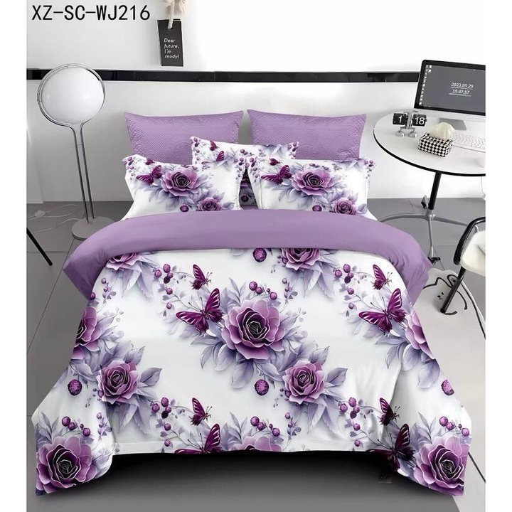 Lenjerie de Pat 5D, Alb Floral, cu Imprimeu Digital, 6 piese-Cearceaf cu elastic 180 x 200, Material Fin si Confortabil