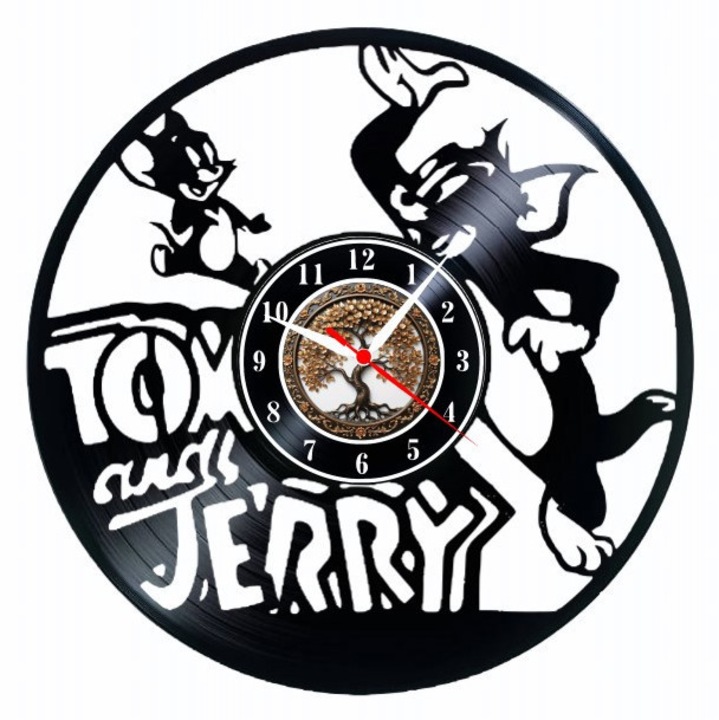 Декоративен стенен часовник "Том и Джери - Класическо преследване", изработен от винилова плоча (Vinyl Record Clock), анимационен дизайн