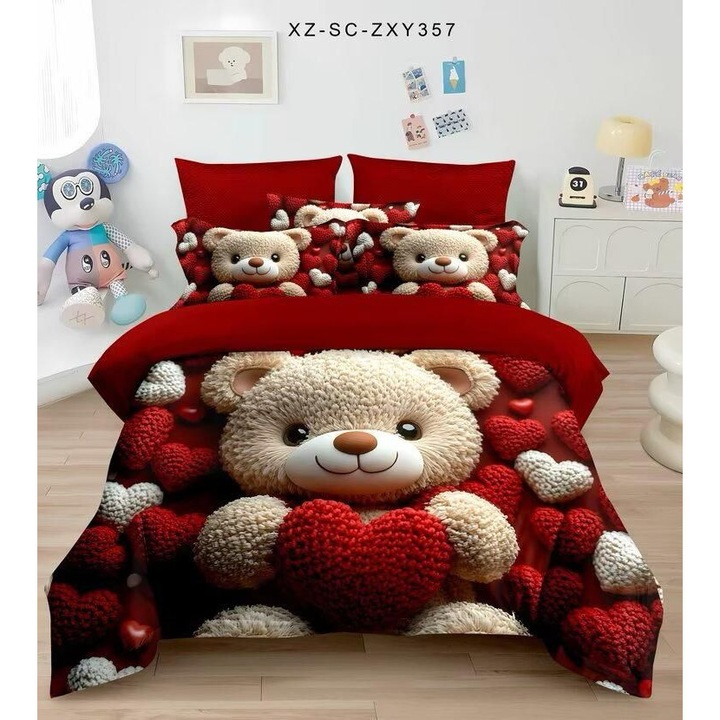 Lenjerie de Pat 5D, Rosu cu ursulet, cu Imprimeu Digital, 6 piese-Cearceaf cu elastic 180 x 200, Material Fin si Confortabil