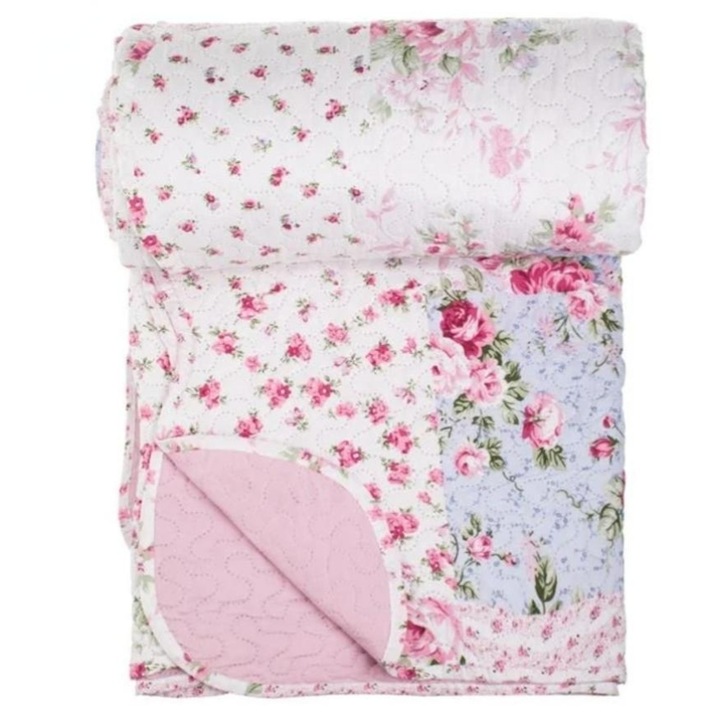 Cuvertura dubla, doua fete, alba cu model floral, patchwork, 220x240cm