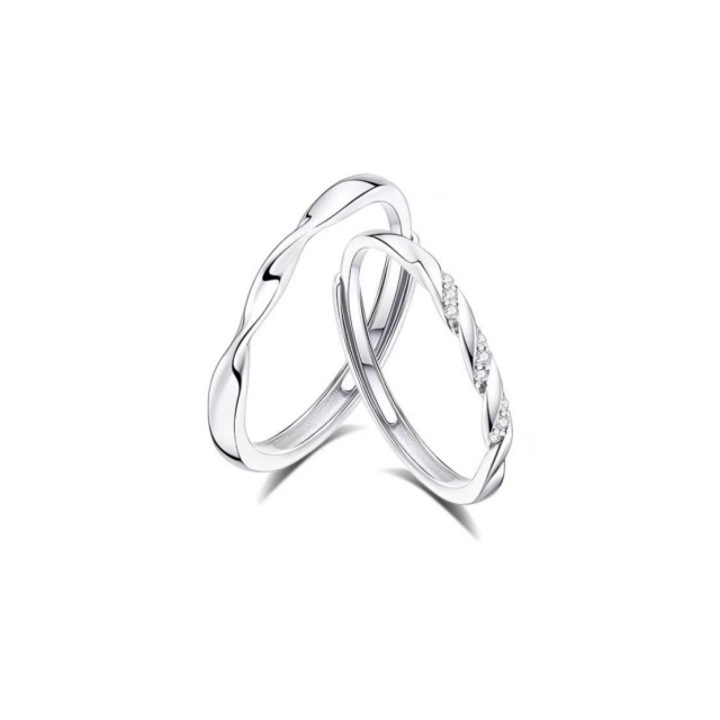 Inel cuplu argint S925 moissanite, CK design elegant, reglabil, argintiu, set 2 buc