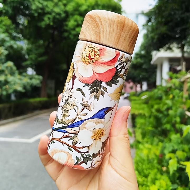 Termosz mini 180ml, 316-os rozsdamentes acél, virágmintás design, fa erezetű kupak, többszínű