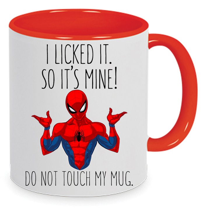 Cana Spider-Man "I Licked It So It's Mine" 330ml, Ceramica, Alb & Rosu, Rezistenta la Masina de Spalat Vase si Microunde