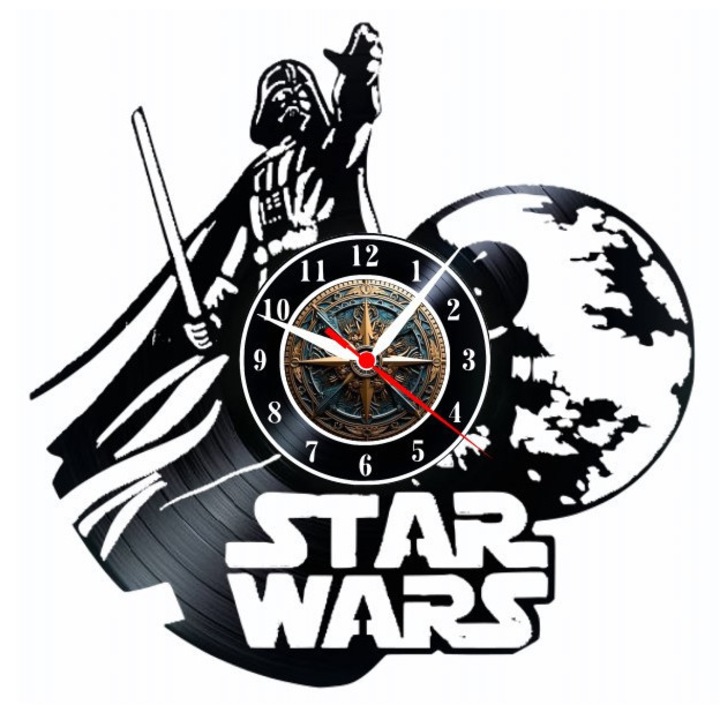 Dekoratív falióra "Star Wars - Darth Vader & Halálcsillag", bakelitlemezből készült (Vinyl Record Clock), epikus sci-fi design